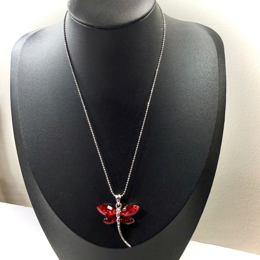 Red Dragonfly Necklace Silver Tone Ball Chain Lobster Claw Jewelry